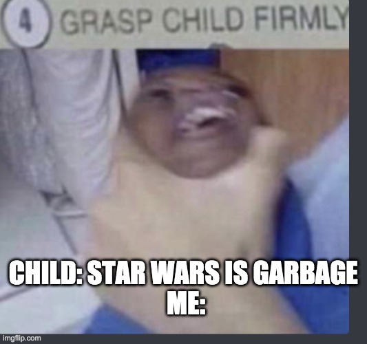 Grasp child firmly | CHILD: STAR WARS IS GARBAGE 
ME: | image tagged in grasp child firmly | made w/ Imgflip meme maker