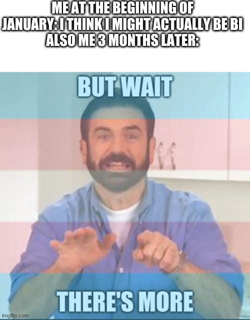 ME AT THE BEGINNING OF JANUARY: I THINK I MIGHT ACTUALLY BE BI
ALSO ME 3 MONTHS LATER: | image tagged in memes,blank transparent square | made w/ Imgflip meme maker