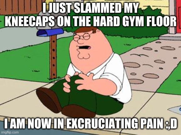 pleas help- | I JUST SLAMMED MY KNEECAPS ON THE HARD GYM FLOOR; I AM NOW IN EXCRUCIATING PAIN :,D | image tagged in family guy knee | made w/ Imgflip meme maker