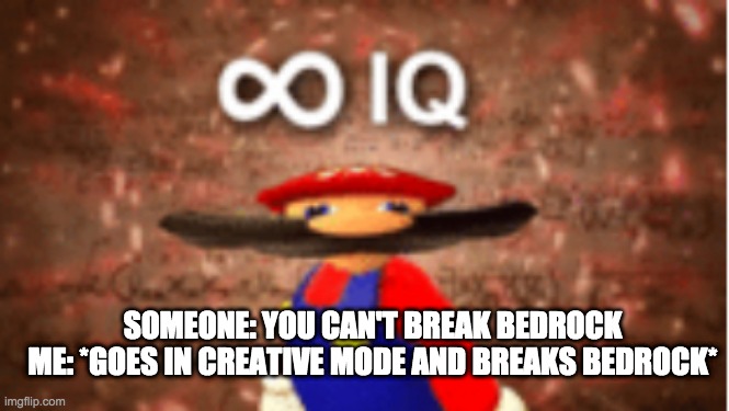 Infinite IQ | SOMEONE: YOU CAN'T BREAK BEDROCK
ME: *GOES IN CREATIVE MODE AND BREAKS BEDROCK* | image tagged in infinite iq | made w/ Imgflip meme maker