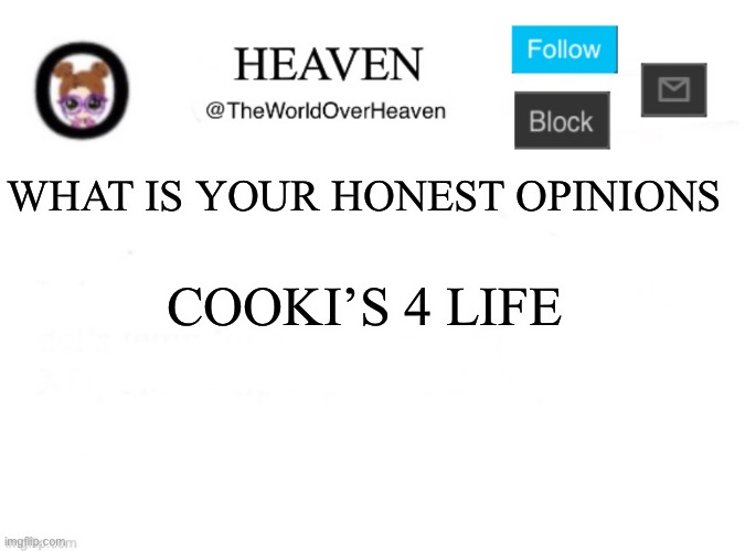 Be honest about your opinions :3 | WHAT IS YOUR HONEST OPINIONS; COOKI’S 4 LIFE | image tagged in heaven template | made w/ Imgflip meme maker