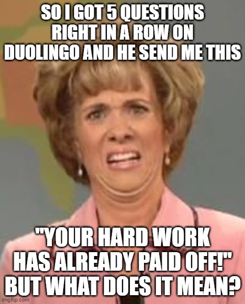 True | SO I GOT 5 QUESTIONS RIGHT IN A ROW ON DUOLINGO AND HE SEND ME THIS; "YOUR HARD WORK HAS ALREADY PAID OFF!" BUT WHAT DOES IT MEAN? | image tagged in confused face jane | made w/ Imgflip meme maker