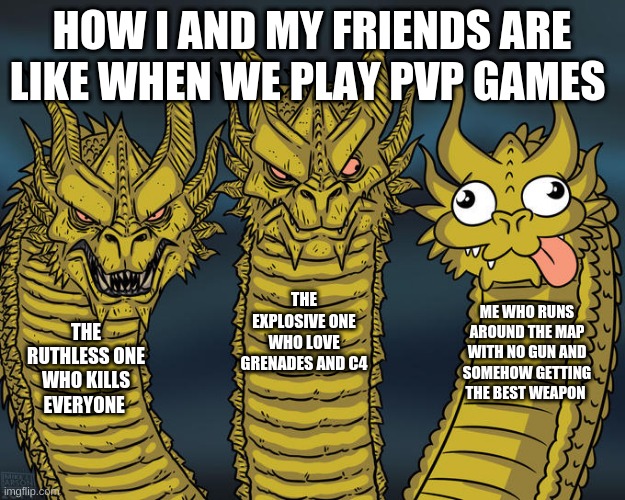 PVP games | HOW I AND MY FRIENDS ARE LIKE WHEN WE PLAY PVP GAMES; THE EXPLOSIVE ONE WHO LOVE GRENADES AND C4; ME WHO RUNS AROUND THE MAP WITH NO GUN AND SOMEHOW GETTING THE BEST WEAPON; THE RUTHLESS ONE WHO KILLS EVERYONE | image tagged in three-headed dragon | made w/ Imgflip meme maker