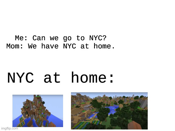 New York City AT HOME | Me: Can we go to NYC?
Mom: We have NYC at home. NYC at home: | image tagged in new york city | made w/ Imgflip meme maker