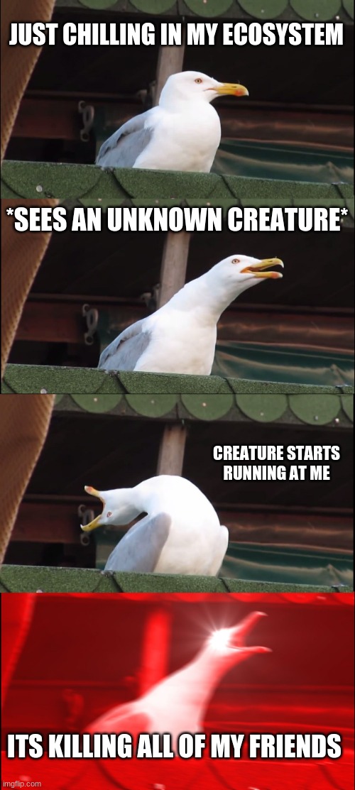 Inhaling Seagull Meme | JUST CHILLING IN MY ECOSYSTEM; *SEES AN UNKNOWN CREATURE*; CREATURE STARTS RUNNING AT ME; ITS KILLING ALL OF MY FRIENDS | image tagged in memes,inhaling seagull | made w/ Imgflip meme maker