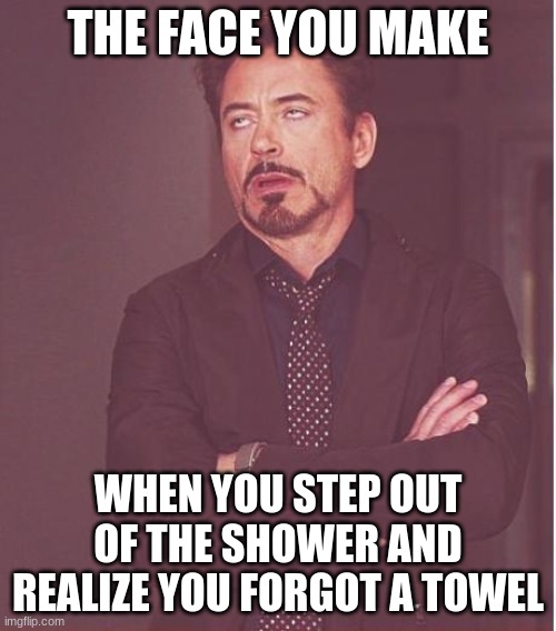 every day | THE FACE YOU MAKE; WHEN YOU STEP OUT OF THE SHOWER AND REALIZE YOU FORGOT A TOWEL | image tagged in memes,face you make robert downey jr,relatable | made w/ Imgflip meme maker