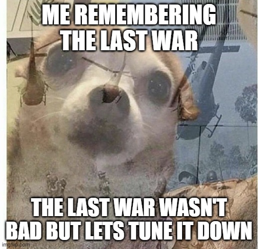 PTSD Chihuahua | ME REMEMBERING THE LAST WAR; THE LAST WAR WASN'T BAD BUT LETS TUNE IT DOWN | image tagged in ptsd chihuahua | made w/ Imgflip meme maker