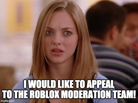 OMG Karen Meme | I WOULD LIKE TO APPEAL TO THE ROBLOX MODERATION TEAM! | image tagged in memes,omg karen | made w/ Imgflip meme maker