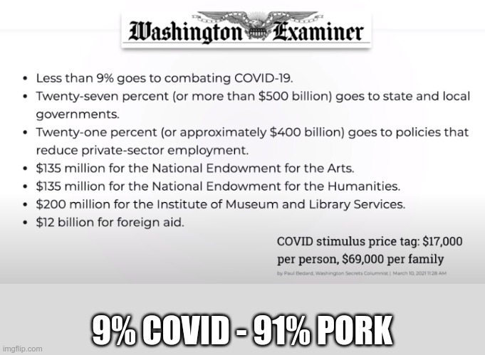 Forced through by Democrats with no Republican support. | 9% COVID - 91% PORK | image tagged in government corruption,swamp | made w/ Imgflip meme maker