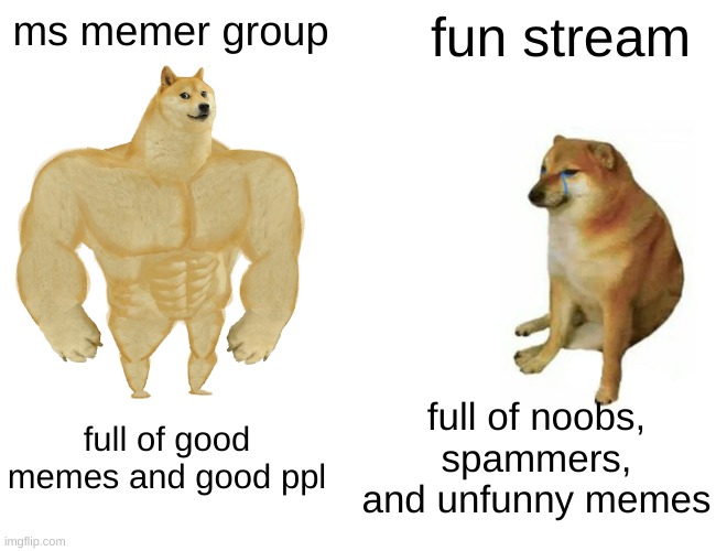 srsly this stream is way better | ms memer group; fun stream; full of noobs, spammers, and unfunny memes; full of good memes and good ppl | image tagged in memes,buff doge vs cheems | made w/ Imgflip meme maker