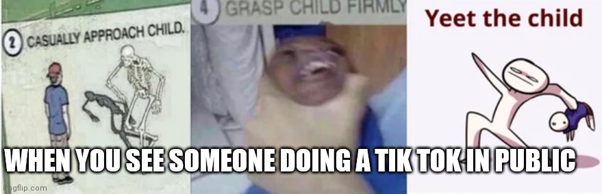 Casually Approach Child, Grasp Child Firmly, Yeet the Child | WHEN YOU SEE SOMEONE DOING A TIK TOK IN PUBLIC | image tagged in casually approach child grasp child firmly yeet the child | made w/ Imgflip meme maker