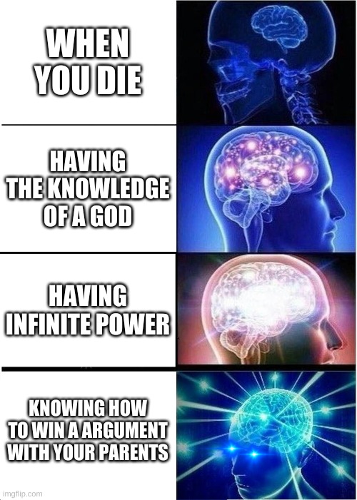 not wrong tho | WHEN YOU DIE; HAVING THE KNOWLEDGE OF A GOD; HAVING INFINITE POWER; KNOWING HOW TO WIN A ARGUMENT WITH YOUR PARENTS | image tagged in memes,expanding brain | made w/ Imgflip meme maker