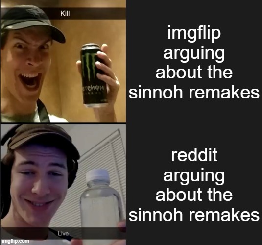 this is from personal experience | imgflip arguing about the sinnoh remakes; reddit arguing about the sinnoh remakes | image tagged in kill live | made w/ Imgflip meme maker