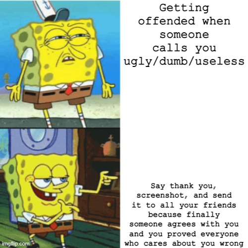 sUiCiDe ViBeS right here | Getting offended when someone calls you ugly/dumb/useless; Say thank you, screenshot, and send it to all your friends because finally someone agrees with you and you proved everyone who cares about you wrong | image tagged in spongebob drake format | made w/ Imgflip meme maker