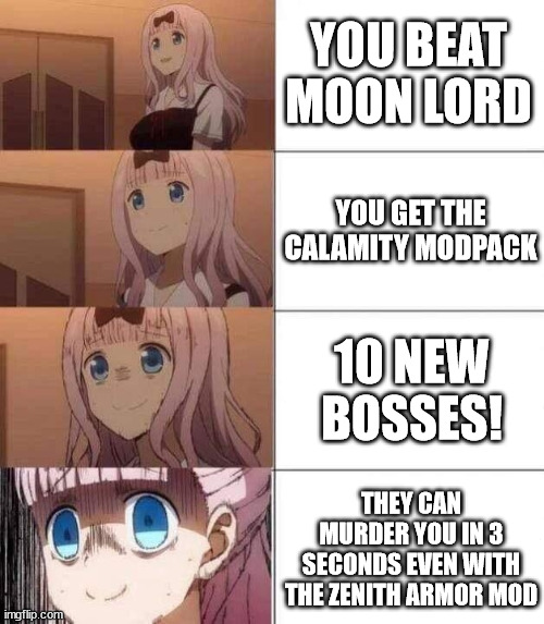 chika template | YOU BEAT MOON LORD; YOU GET THE CALAMITY MODPACK; 10 NEW BOSSES! THEY CAN MURDER YOU IN 3 SECONDS EVEN WITH THE ZENITH ARMOR MOD | image tagged in chika template | made w/ Imgflip meme maker