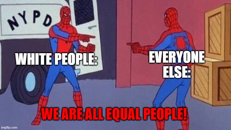 just the fax | EVERYONE ELSE:; WHITE PEOPLE:; WE ARE ALL EQUAL PEOPLE! | image tagged in spiderman pointing at spiderman,race,blm,equality | made w/ Imgflip meme maker