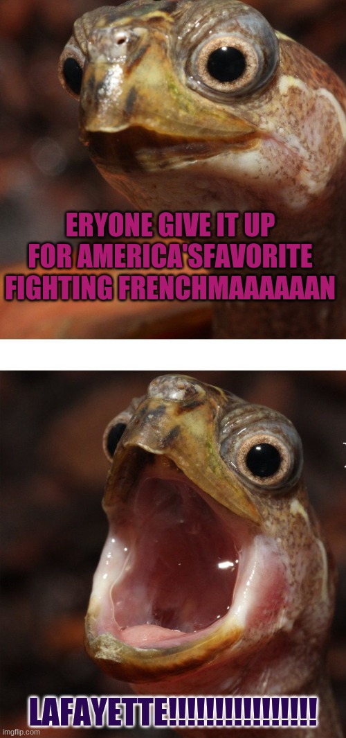 Turtle Template John L and Lafayette | ERYONE GIVE IT UP FOR AMERICA'SFAVORITE FIGHTING FRENCHMAAAAAAN; LAFAYETTE!!!!!!!!!!!!!!!! | image tagged in inhaling turtle | made w/ Imgflip meme maker