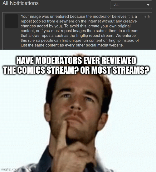 Time to go on a mad flagging spree and stop all the copy/paste posts! | HAVE MODERATORS EVER REVIEWED THE COMICS STREAM? OR MOST STREAMS? | image tagged in interesting,hypocrite | made w/ Imgflip meme maker