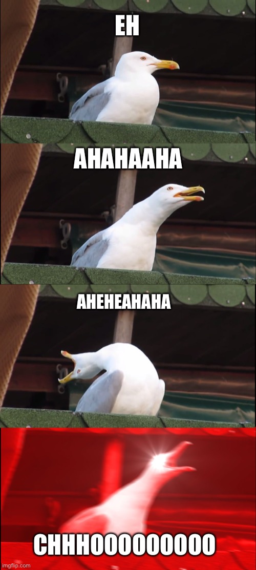 Inhaling Seagull | EH; AHAHAAHA; AHEHEAHAHA; CHHHOOOOOOOOO | image tagged in memes,inhaling seagull | made w/ Imgflip meme maker