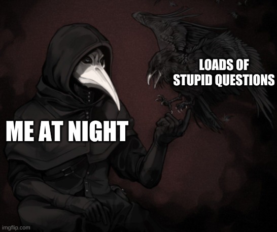 Dose this happen to you (im obsessed with this pic sorry) | LOADS OF STUPID QUESTIONS; ME AT NIGHT | made w/ Imgflip meme maker