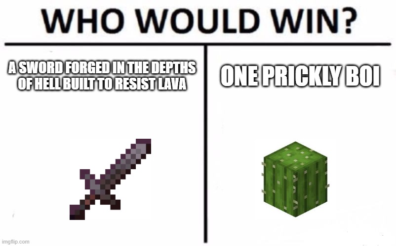 think about it | A SWORD FORGED IN THE DEPTHS OF HELL BUILT TO RESIST LAVA; ONE PRICKLY BOI | image tagged in memes,who would win | made w/ Imgflip meme maker