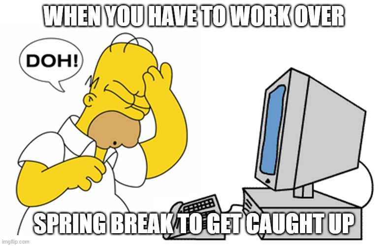 simpsons computer homer doh | WHEN YOU HAVE TO WORK OVER; SPRING BREAK TO GET CAUGHT UP | image tagged in simpsons computer homer doh | made w/ Imgflip meme maker