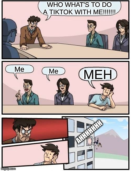 hahahaha | WHO WHAT'S TO DO A TIKTOK WITH ME!!!!!!! Me; Me; MEH; AHHHHHHH | image tagged in memes,boardroom meeting suggestion | made w/ Imgflip meme maker