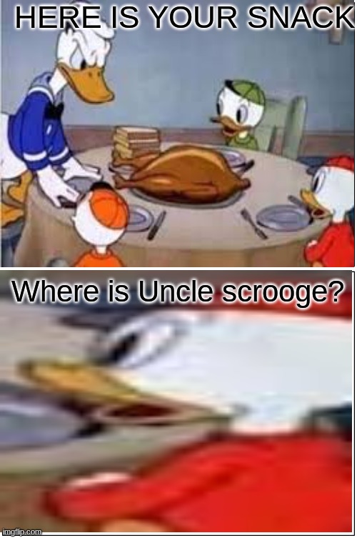 He's not wrong... | HERE IS YOUR SNACK; Where is Uncle scrooge? | image tagged in memes,blank comic panel 1x2 | made w/ Imgflip meme maker