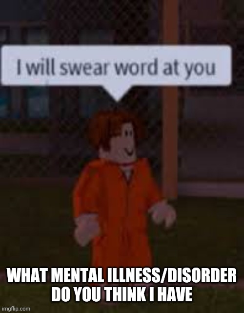 I will swear word at you | WHAT MENTAL ILLNESS/DISORDER DO YOU THINK I HAVE | image tagged in i will swear word at you | made w/ Imgflip meme maker