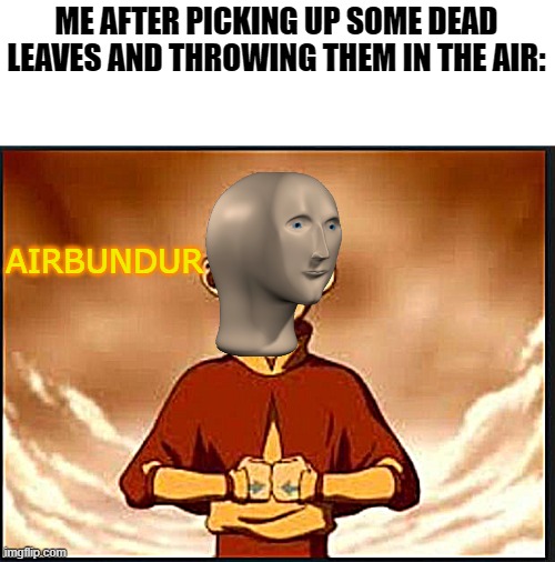 Aang | ME AFTER PICKING UP SOME DEAD LEAVES AND THROWING THEM IN THE AIR:; AIRBUNDUR | image tagged in aang | made w/ Imgflip meme maker