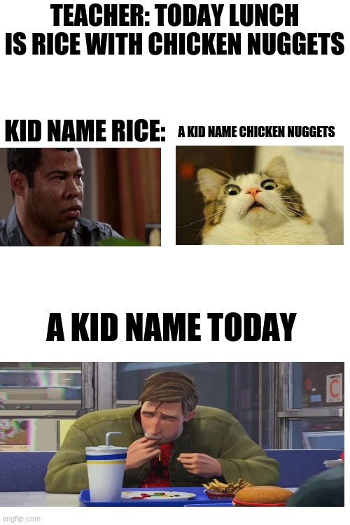 Today is very hungry | TEACHER: TODAY LUNCH IS RICE WITH CHICKEN NUGGETS; KID NAME RICE:; A KID NAME CHICKEN NUGGETS; A KID NAME TODAY | image tagged in memes,blank transparent square,a kid named,rice,chicken nuggets,today | made w/ Imgflip meme maker