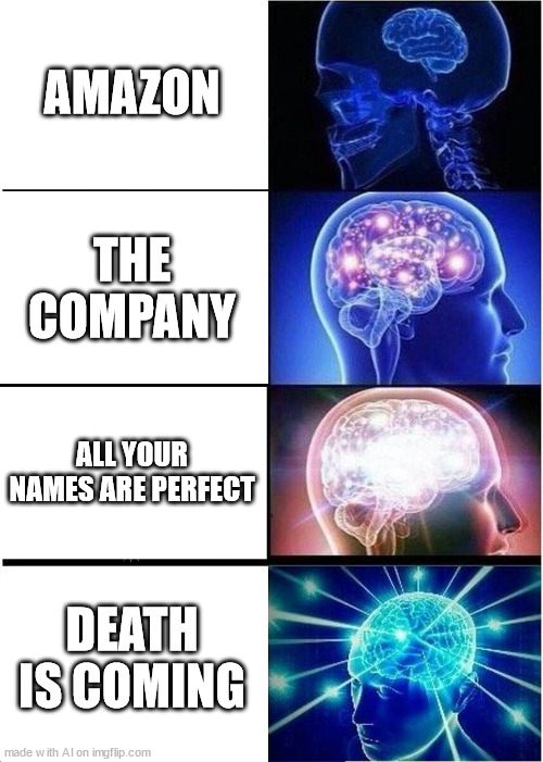 Expanding Brain Meme | AMAZON; THE COMPANY; ALL YOUR NAMES ARE PERFECT; DEATH IS COMING | image tagged in memes,expanding brain | made w/ Imgflip meme maker