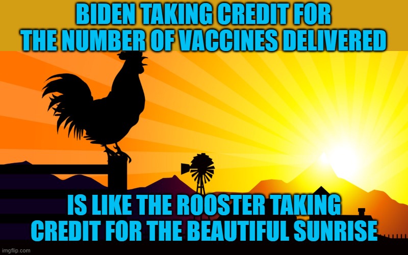 Look at me, look at me, I'm the Joe Biden you know, the thing | BIDEN TAKING CREDIT FOR THE NUMBER OF VACCINES DELIVERED; IS LIKE THE ROOSTER TAKING CREDIT FOR THE BEAUTIFUL SUNRISE | image tagged in rooster,vaccines | made w/ Imgflip meme maker