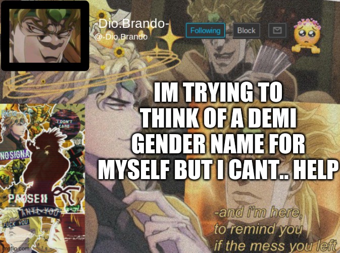 Halp | IM TRYING TO THINK OF A DEMI GENDER NAME FOR MYSELF BUT I CANT.. HELP | image tagged in dio temp 2 | made w/ Imgflip meme maker