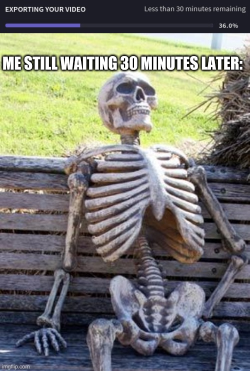 ffs it takes forever to download a 9 min video on here yet I can download an hour long yt video from a yt downloader site in 20  | ME STILL WAITING 30 MINUTES LATER: | image tagged in memes,waiting skeleton | made w/ Imgflip meme maker