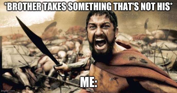 Sparta Leonidas | *BROTHER TAKES SOMETHING THAT'S NOT HIS*; ME: | image tagged in memes,sparta leonidas | made w/ Imgflip meme maker