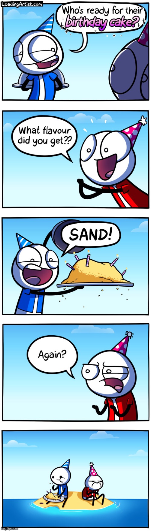 Again? | image tagged in memes,funny,comics,loading artist,sand,cake | made w/ Imgflip meme maker