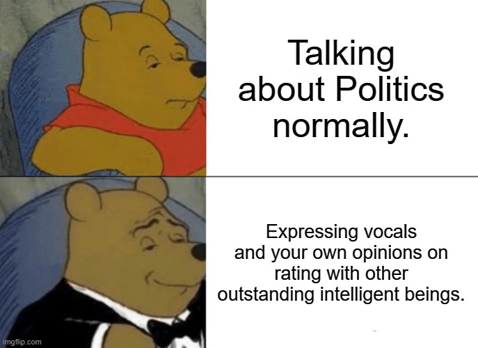 POLITICS | Talking about Politics normally. Expressing vocals and your own opinions on rating with other outstanding intelligent beings. | image tagged in memes,tuxedo winnie the pooh | made w/ Imgflip meme maker