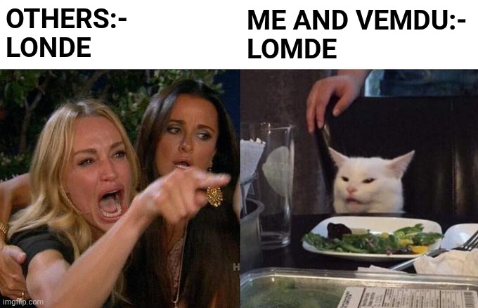 Cheems | OTHERS:-
LONDE; ME AND VEMDU:-
LOMDE | image tagged in memes,woman yelling at cat | made w/ Imgflip meme maker