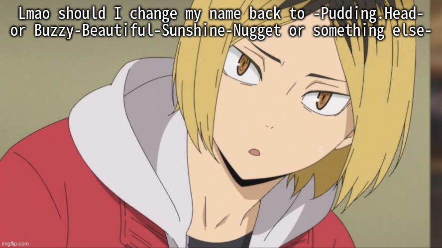 Kenma wot | Lmao should I change my name back to -Pudding.Head- or Buzzy-Beautiful-Sunshine-Nugget or something else- | image tagged in kenma wot | made w/ Imgflip meme maker