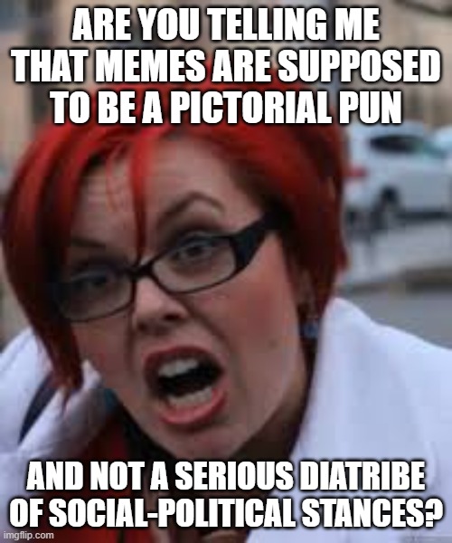 SJW Triggered | ARE YOU TELLING ME THAT MEMES ARE SUPPOSED TO BE A PICTORIAL PUN; AND NOT A SERIOUS DIATRIBE OF SOCIAL-POLITICAL STANCES? | image tagged in sjw triggered | made w/ Imgflip meme maker