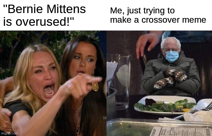 Woman Yelling At Cat | "Bernie Mittens is overused!"; Me, just trying to make a crossover meme | image tagged in memes,woman yelling at cat,bernie mittens | made w/ Imgflip meme maker