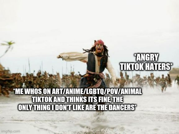 just an opinon. no need to yell. | *ANGRY TIKTOK HATERS*; *ME WHOS ON ART/ANIME/LGBTQ/POV/ANIMAL TIKTOK AND THINKS ITS FINE, THE ONLY THING I DON'T LIKE ARE THE DANCERS* | image tagged in memes,jack sparrow being chased | made w/ Imgflip meme maker