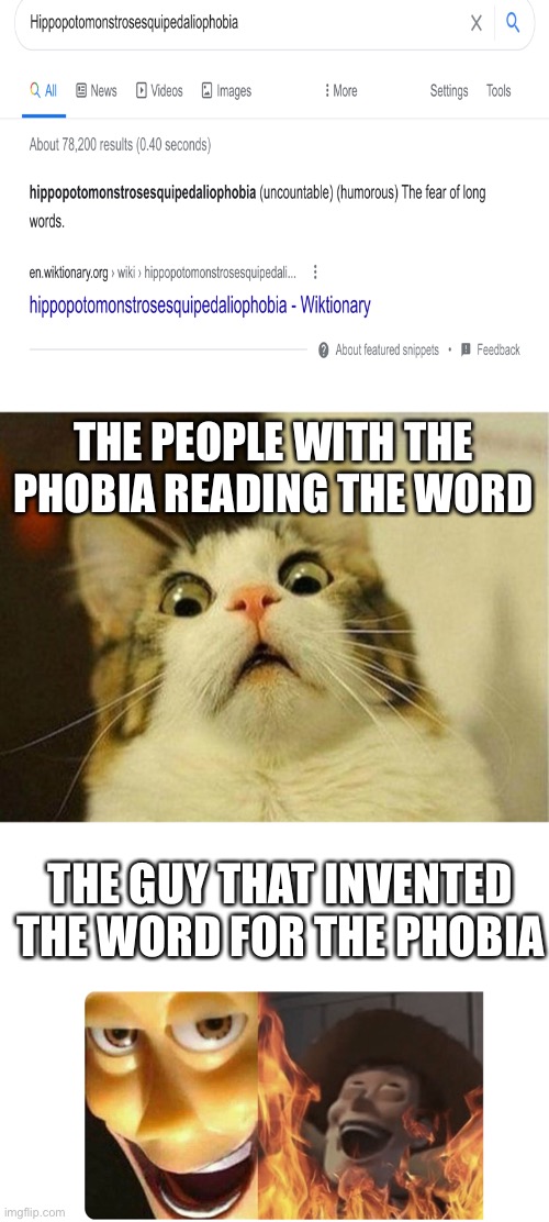 That is a weird phobia | THE PEOPLE WITH THE PHOBIA READING THE WORD; THE GUY THAT INVENTED THE WORD FOR THE PHOBIA | image tagged in blank white template,memes,scared cat,satanic woody | made w/ Imgflip meme maker