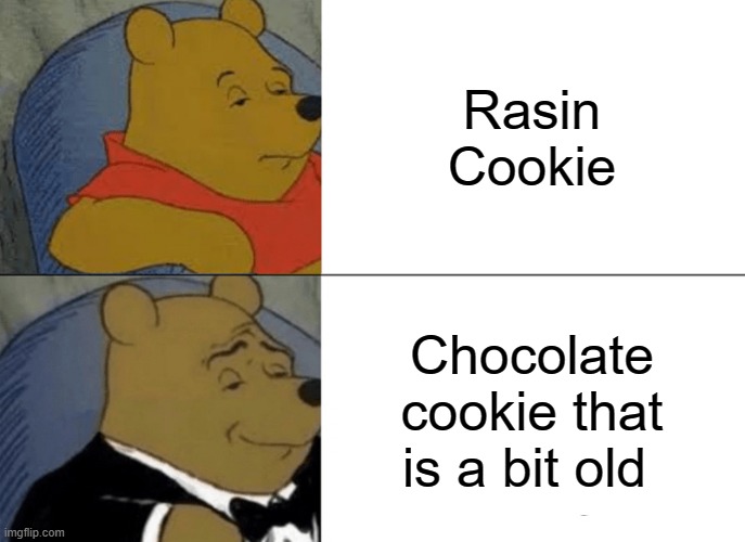 Raisin cookies are old Chocco-chip cookies | Rasin Cookie; Chocolate cookie that is a bit old | image tagged in memes,tuxedo winnie the pooh,raisin | made w/ Imgflip meme maker