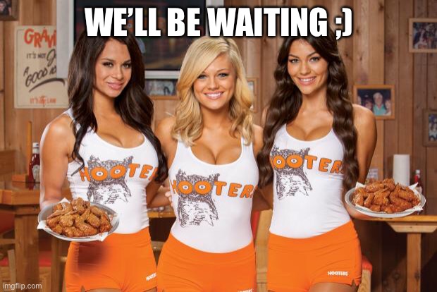 Hooters Girls | WE’LL BE WAITING ;) | image tagged in hooters girls | made w/ Imgflip meme maker