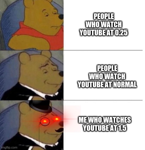 y\Youtube | PEOPLE WHO WATCH YOUTUBE AT 0.25; PEOPLE WHO WATCH YOUTUBE AT NORMAL; ME WHO WATCHES YOUTUBE AT 1.5 | image tagged in tuxedo winnie the pooh 3 panel | made w/ Imgflip meme maker