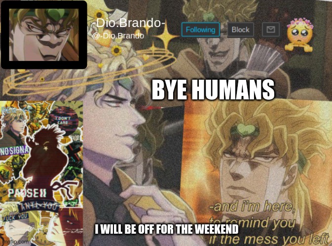 dio temp 2 | BYE HUMANS; I WILL BE OFF FOR THE WEEKEND | image tagged in dio temp 2 | made w/ Imgflip meme maker