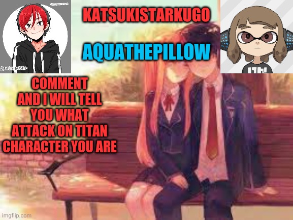 KatsukiStarkugoXAquathepillow | COMMENT AND I WILL TELL YOU WHAT ATTACK ON TITAN CHARACTER YOU ARE | image tagged in katsukistarkugoxaquathepillow | made w/ Imgflip meme maker