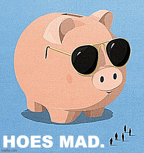 Here come da piggy bank | HOES MAD. | image tagged in sunglasses pig | made w/ Imgflip meme maker